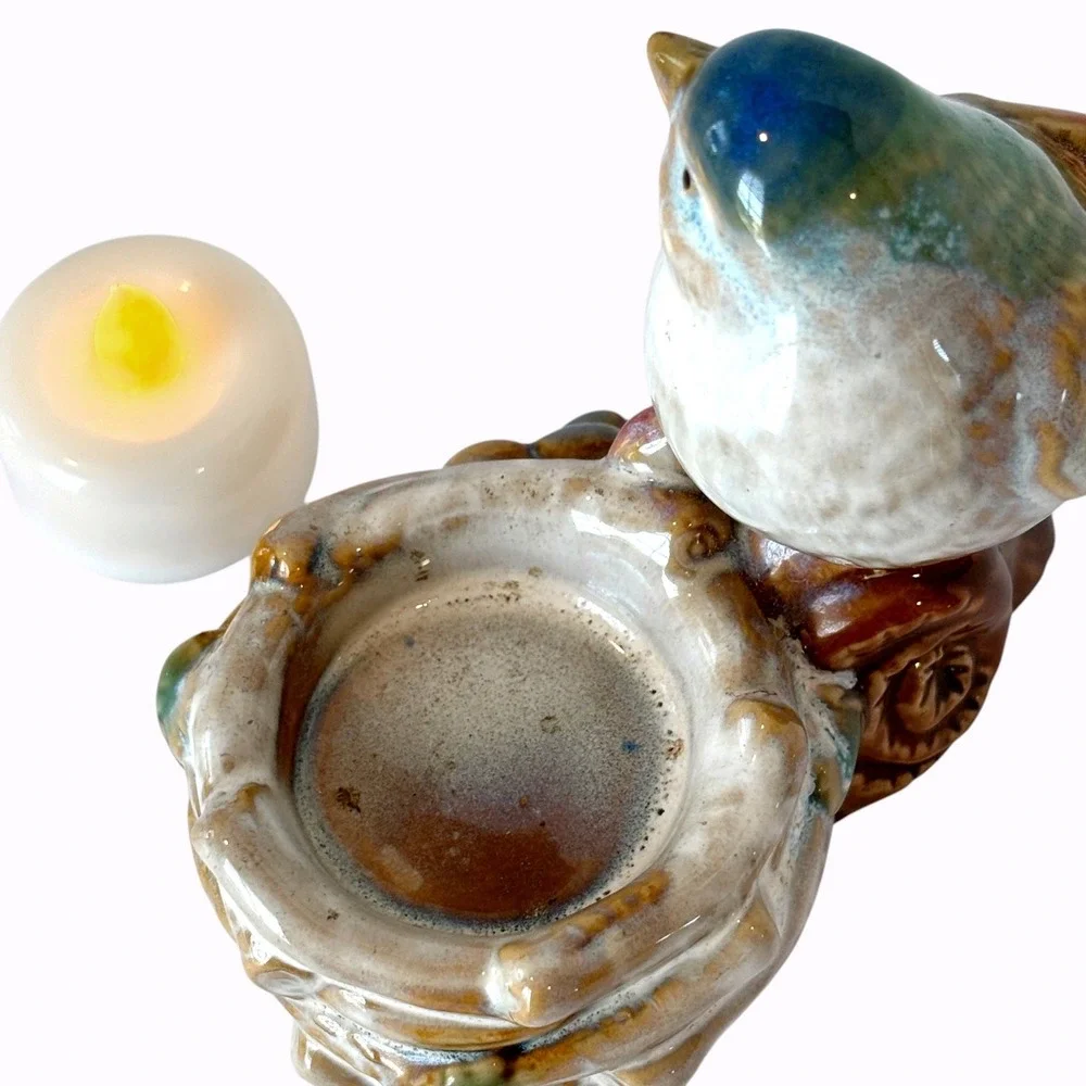 Majolica Style Ceramic Songbird Nest Votive Tealight Candle Holder Vintage